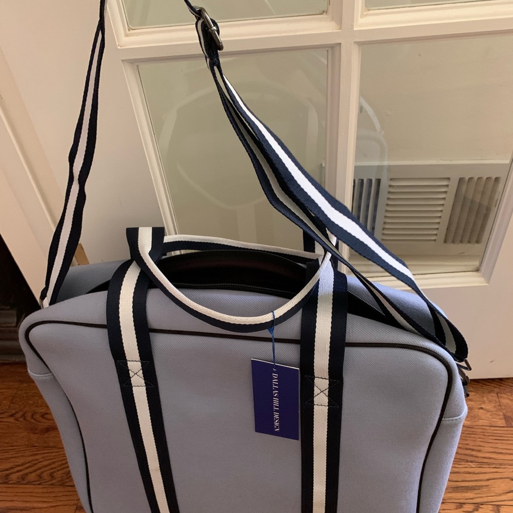 Light Blue Striped Tote Bag with Crossbody Strap - Picture 8 of 8